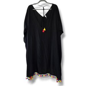 SWIM by CACIQUE Kaftan Black Tasseled Swim Cover Up Beach Dress Plus Size 22/24